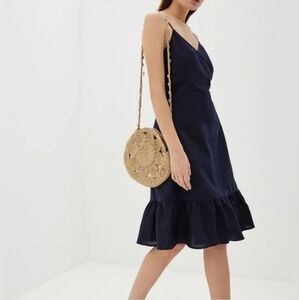 Gap Ruffle True Wrap Dress V Neck Navy Blue Linen Blend Midi Knee Length NWOT